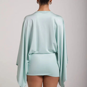 MQTIME  -   Sexy Deep V-neck Hollow Slim Hip Dresses Woman Spring Solid Elegant Commute Lady Dress Autumn Long Sleeve Satin Mini Dress Mujer